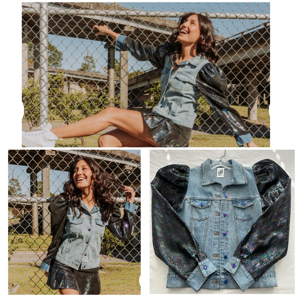 New! Queen of Sparkles Sequin Puff Sleeve Denim Jacket
